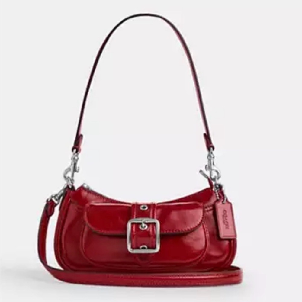♥️Coach NWT Red Crinkle Cut Leather Ashton Mini Shoulder Bag withSilver Hardware